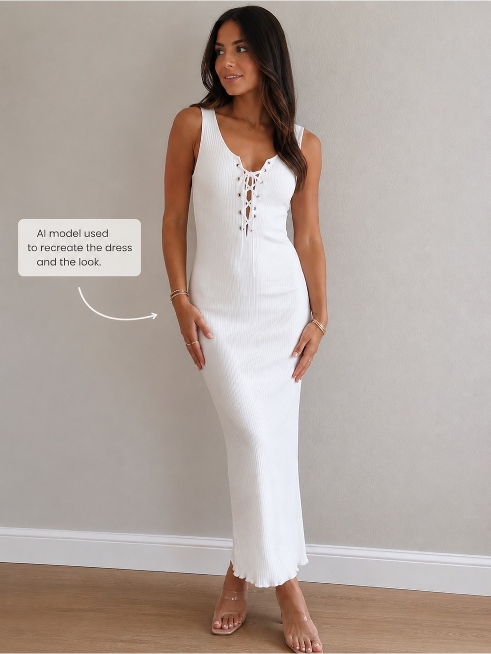 Sleeveless Lace-Up Ribbed Maxi Dress in White